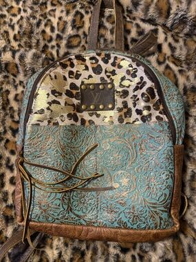 Upcycled Turquoise Embossed Floral & Leopard Accent Backpack